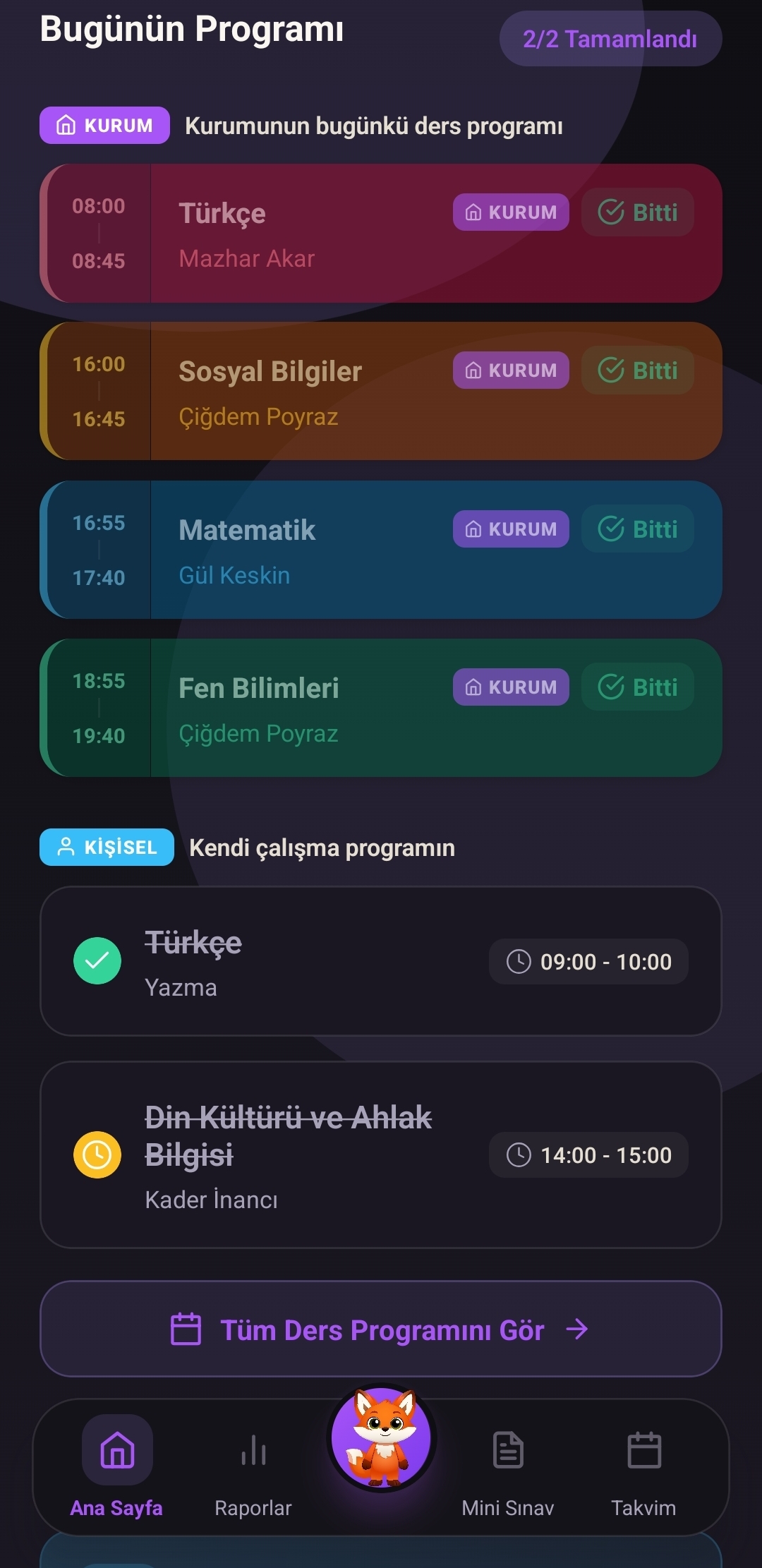 Öğrenci mobil uygulama ekranı